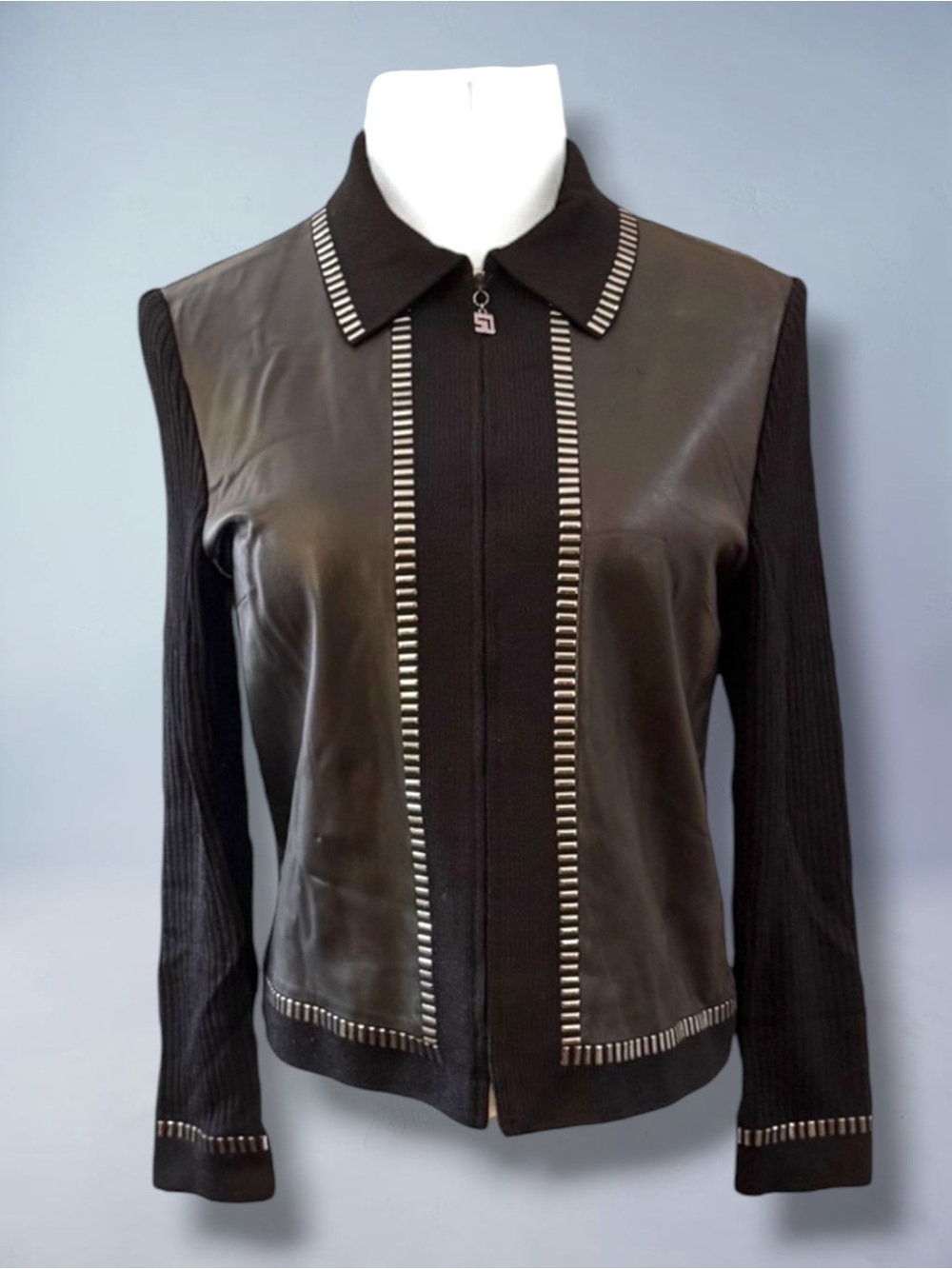 St. John Collection Lamb Leather Knit Combo Zip Front Jacket